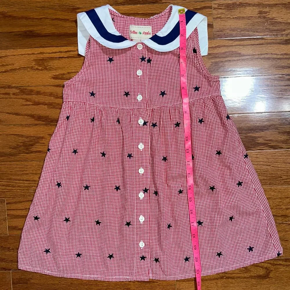 Vintage Toffee Apple Girls Red Gingham Patriotic Star Sailor Collar Dress Size 5